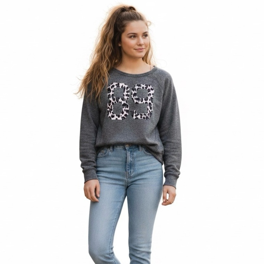 Gray Scoop Neck Sweatshirt Varsity Animal Print S Black White Athletic 89 REM